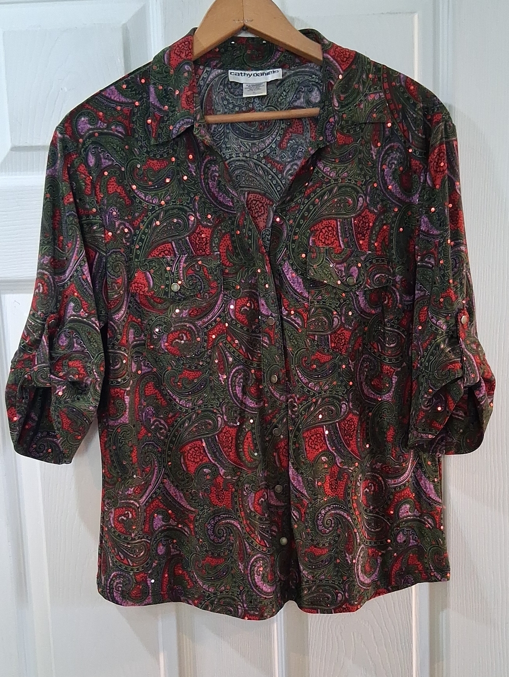 cathy daniels Green Paisley Button-Front Women’s Shirt Stretchy